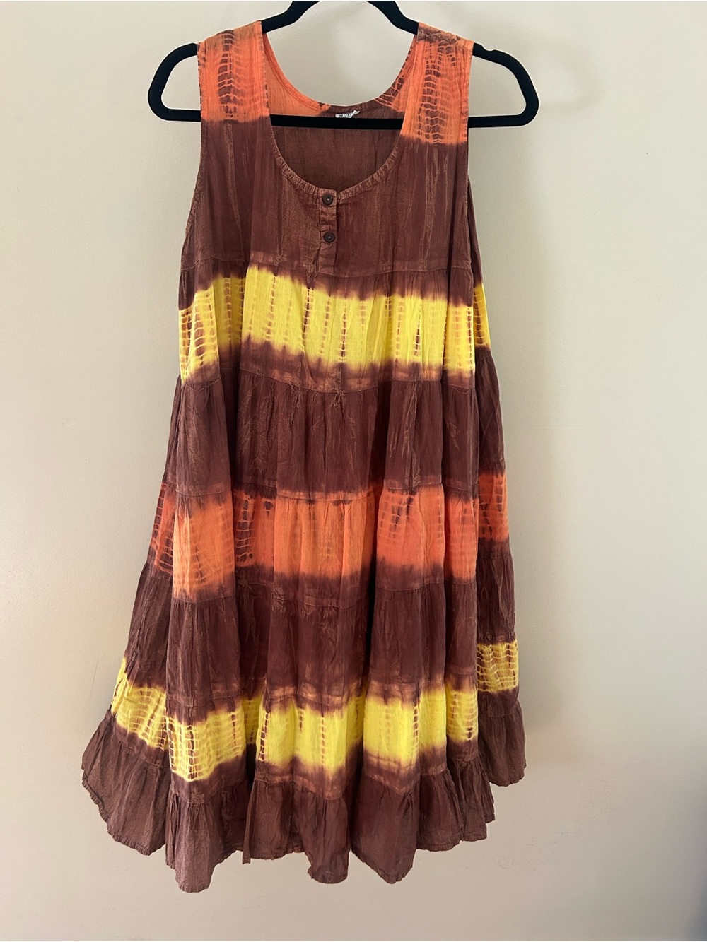 Tiered Tie-Dye Midi Dress in Brown, Orange & Yellow